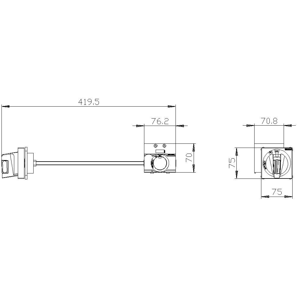 Technische Zeichnung eines Türschlosses mit Maßen: Länge 419,5 mm, Höhe 76 mm. Details der Seitenansicht und Frontansicht.