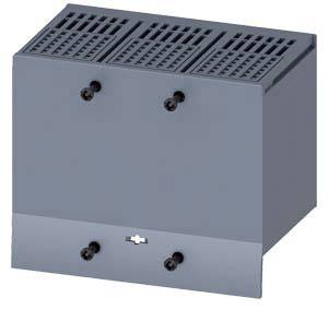 Grauer elektrischer Schaltschrank mit Lüftungsschlitzen oben und Anschlusspunkten an der Vorderseite.