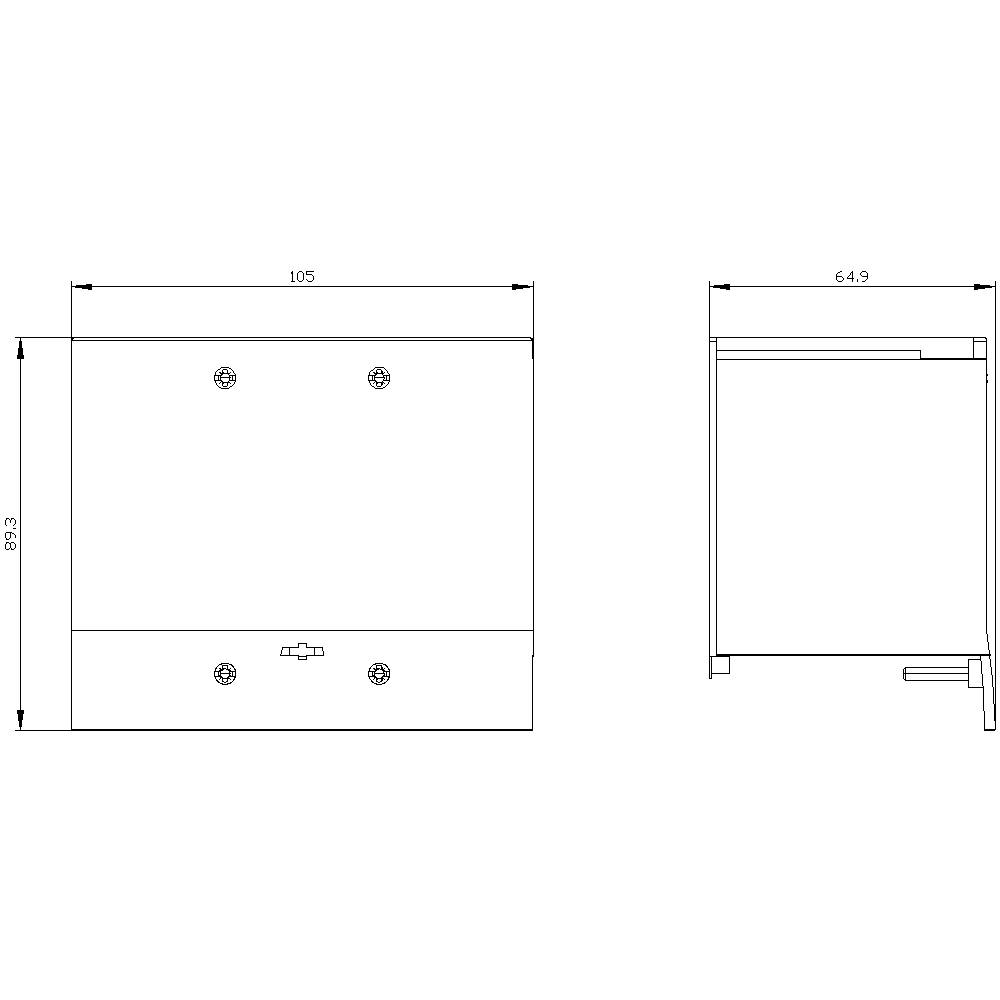 Technische Zeichnung eines rechteckigen Geräts mit Maßen 105x89,2x64,9 cm, Ansicht von vorne und der Seite, mit Montageschlitzen und Anschlüssen.