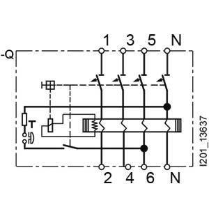 Schaltplan eines elektrischen Schützschaltkreises mit Anschlüssen 1, 3, 5, N und 2, 4, 6, N, mit einem Steuerzeichen 'T'.