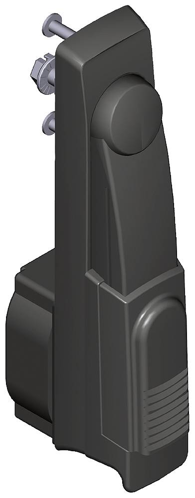 Ein schwarzes, vertikales Griffstück mit ergonomischem Design und Schrauben an der Oberseite zur Befestigung auf einer Oberfläche.
