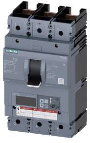 Elektrischer Leistungsschalter von Siemens in einem grauen Gehäuse, mit Schalter und Beschriftungen. Geeignet für industrielle Anwendungen.