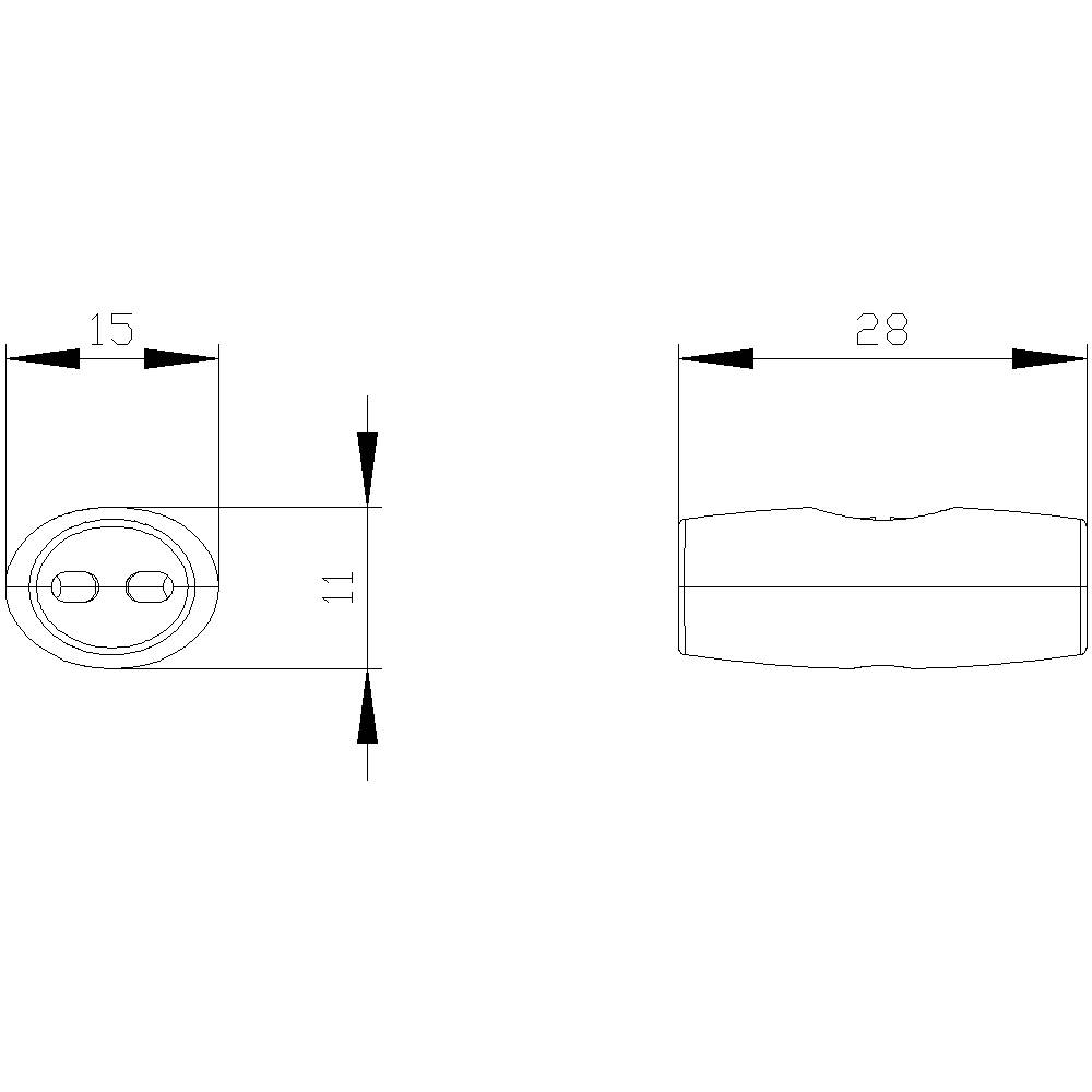 Zeichnung eines ovalen Objekts mit Maßen: 15 mm Breite, 11 mm Höhe, 28 mm Länge; zeigt Vorder- und Seitenansicht.