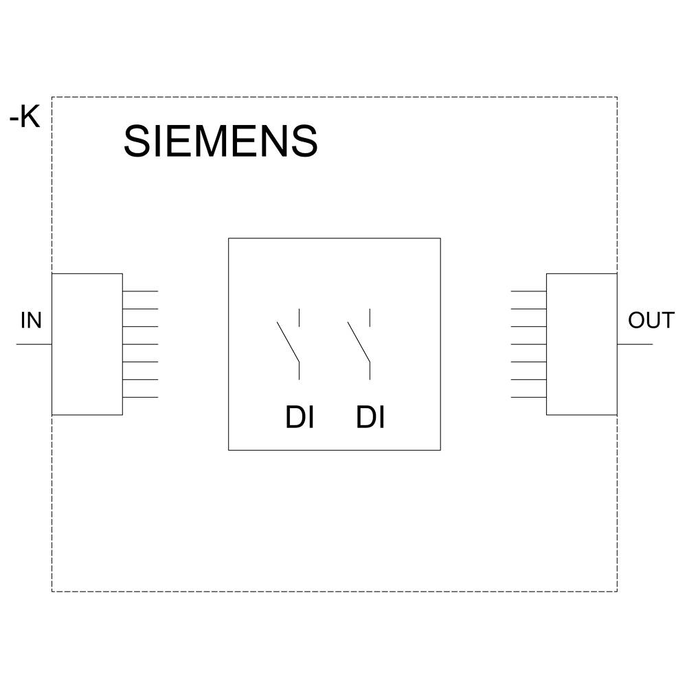 Schaltsymbol eines Relais von Siemens mit In- und Out-Anschlüssen, beschriftet mit 'DI'. Zeigt den Signalfluss von links nach rechts.