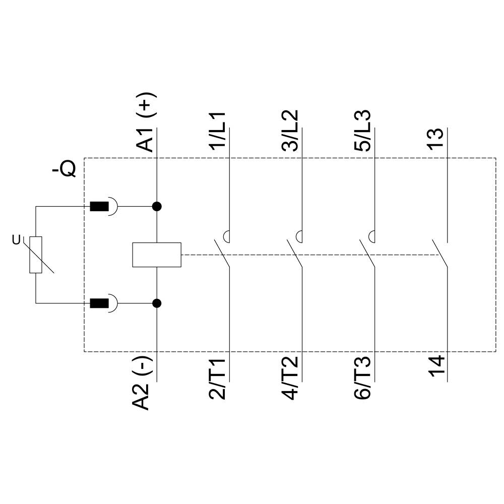 Schaltplan: Dreiphasiger Schütz mit Steuerkreis. Beschriftete Anschlüsse: A1, A2, 1/L1, 3/L2, 5/L3, 2/T1, 4/T2, 6/T3, 13, 14.