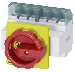 Ein elektrischer Hauptschalter mit einem roten Drehgriff auf gelbem Hintergrund. Der Schalter hat fünf Anschlussklemmen.