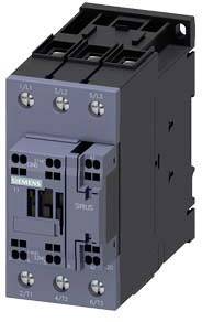 Das Bild zeigt einen elektrischen Schütz von Siemens, ein Gerät zur Steuerung hoher elektrischer Ströme, hauptsächlich in industriellen Anwendungen.