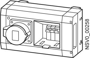Technische Zeichnung eines rechteckigen elektrischen Anschlusskastens mit seitlichem Rundanschluss und Inneren Details von Klemmen.