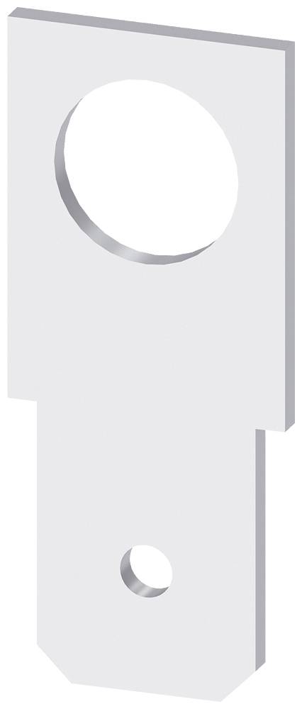 Ein rechteckiges Metallblech mit zwei runden Löchern unterschiedlicher Größe, das größere oben, das kleinere unten.