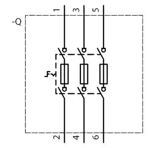 Schaltsymbol eines dreiphasigen Leistungsschalters mit Widerstand (W) in einer Phase. Anschlüsse beschriftet mit 1, 2, 3, 4, 5, 6.