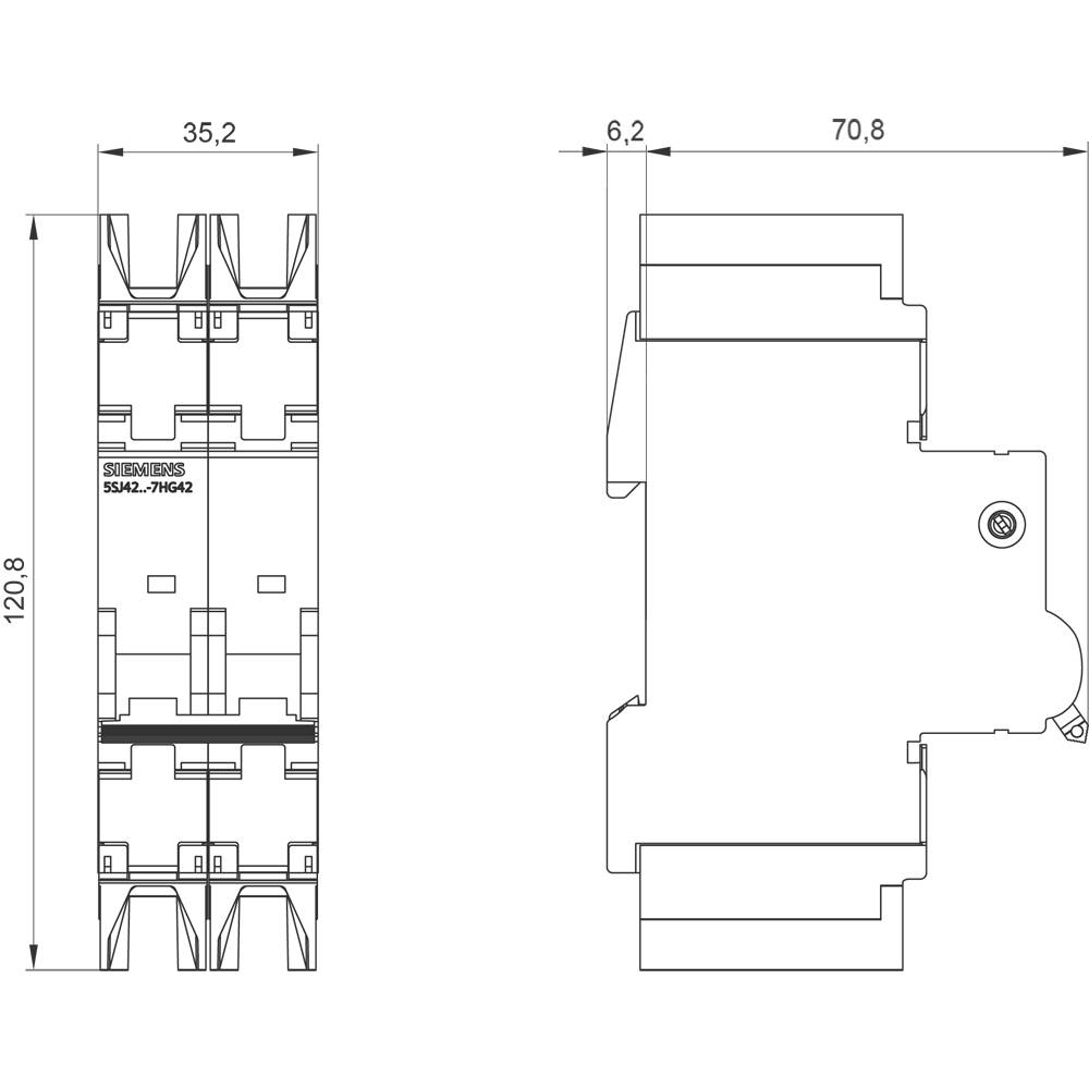 Zeichnung eines elektrischen Leistungsschalters mit Abmessungen: 120,8 mm Höhe, 35,2 mm Breite, 70,8 mm Tiefe. Links ist die Vorderansicht, rechts die Seitenansicht.