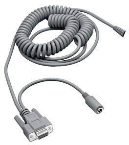 Ein graues, spiralförmiges Datenkabel mit VGA-Stecker und Audioanschluss, geeignet für Computerverbindungen oder audiovisuelle Geräte.