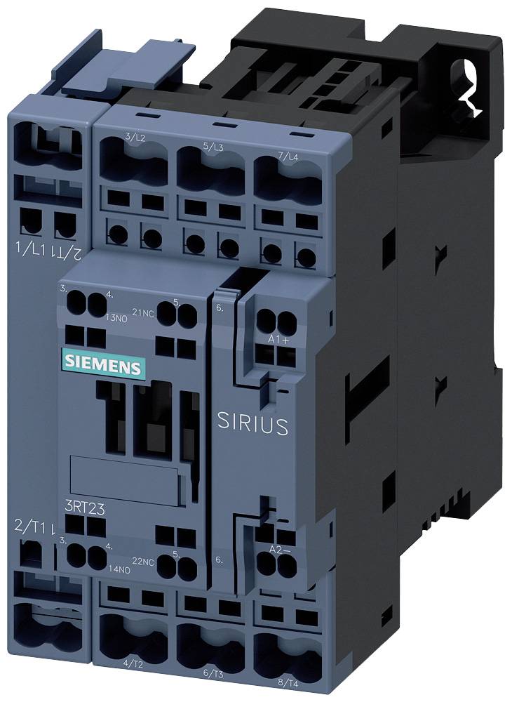 Leistungsschalter 'Siemens Sirius', schwarzes und blaues Gehäuse, mehrere Anschlussmöglichkeiten oben und unten.