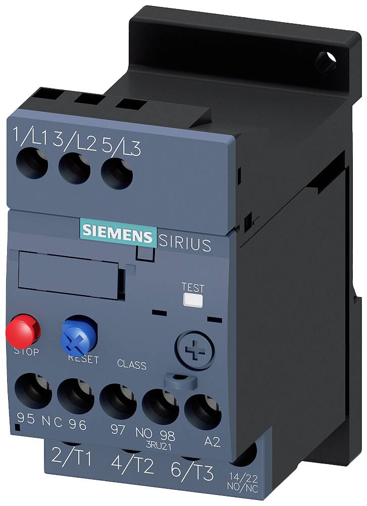 Elektrischer Schütz von Siemens aus der Sirius-Serie, grau-blaues Gehäuse, mit Tasten für 'Stop' und 'Reset'.