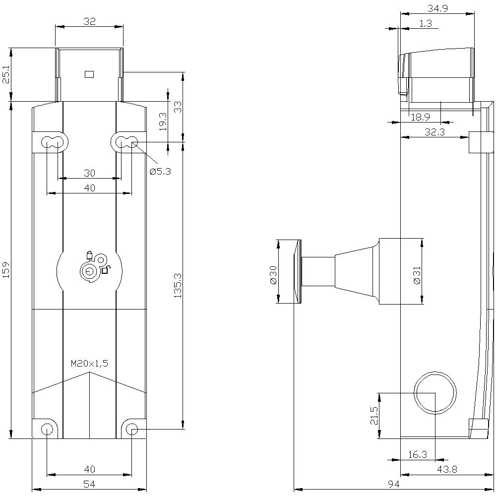 Technische Zeichnung eines mechanischen Teils mit Maßen, Ansichten von oben und der Seite, zeigt Details von Schraubverbindungen und Halterungen.