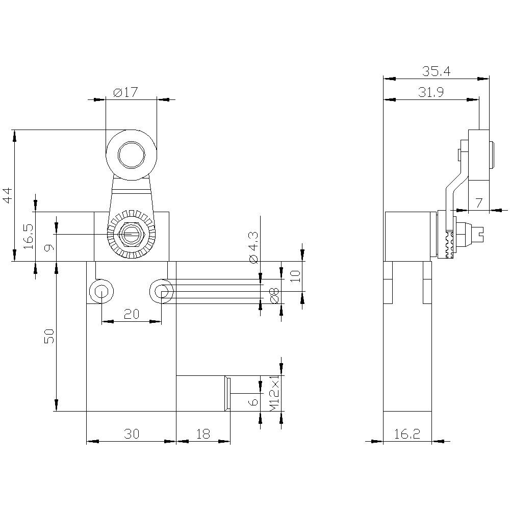 Technische Zeichnung eines mechanischen Bauteils mit Maßen in Millimetern. Verschiedene Ansichten zeigen Bohrlöcher und Gewinde.