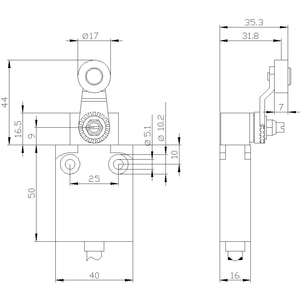 Technische Zeichnung eines mechanischen Bauteils mit Maßen in Millimetern. Zeigt Vorder- und Seitenansicht. Wichtige Maße: 40 mm Breite.
