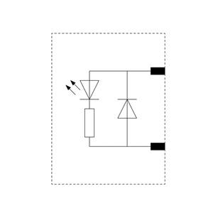 Schaltsymbol eines Optokopplers: Eine LED und ein Fototransistor sind durch Pfeile verbunden, die Lichtemission anzeigen.