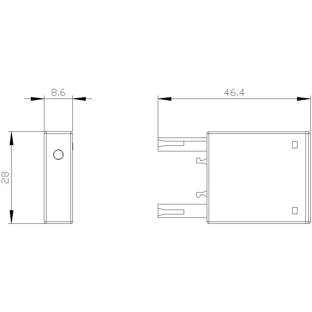 Technische Zeichnung eines Ladegeräts mit Abmessungen: Breite 8,6 mm, Höhe 28 mm, Tiefe 46,4 mm. Seiten- und Vorderansicht.
