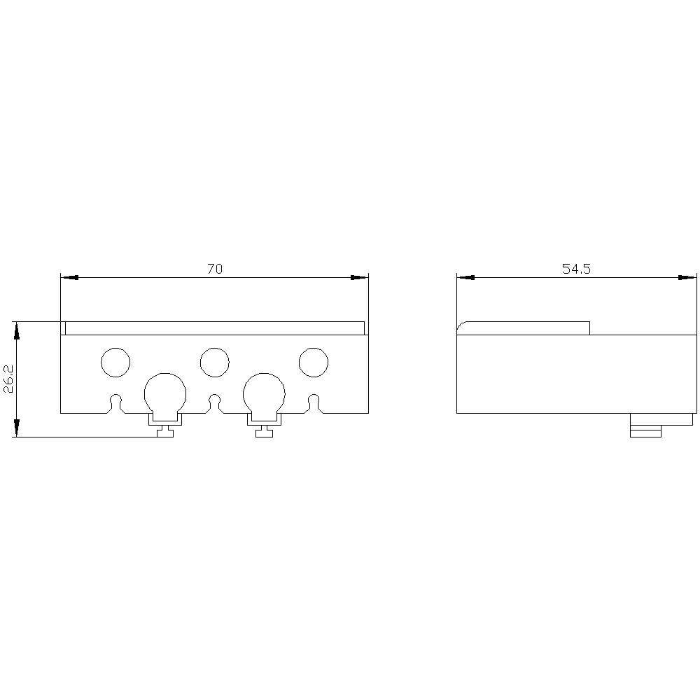 Technische Zeichnung eines Bauteils in Draufsicht (oben) und Seitenansicht (rechts). Maße: 70 mm Breite, 54,5 mm Tiefe, 26,2 mm Höhe.