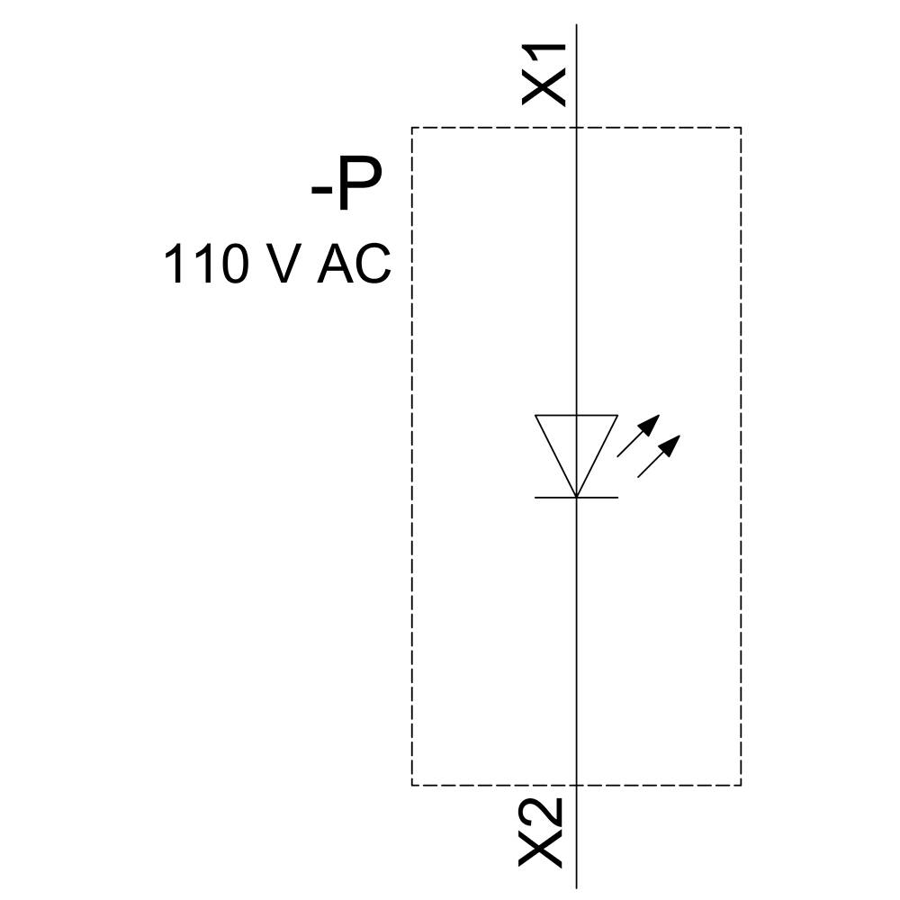 Ein Diagramm zeigt eine Leuchtdiode (LED) in einem Stromkreis mit 110 V Wechselstrom (AC), die zwischen den Punkten X1 und X2 angeschlossen ist.