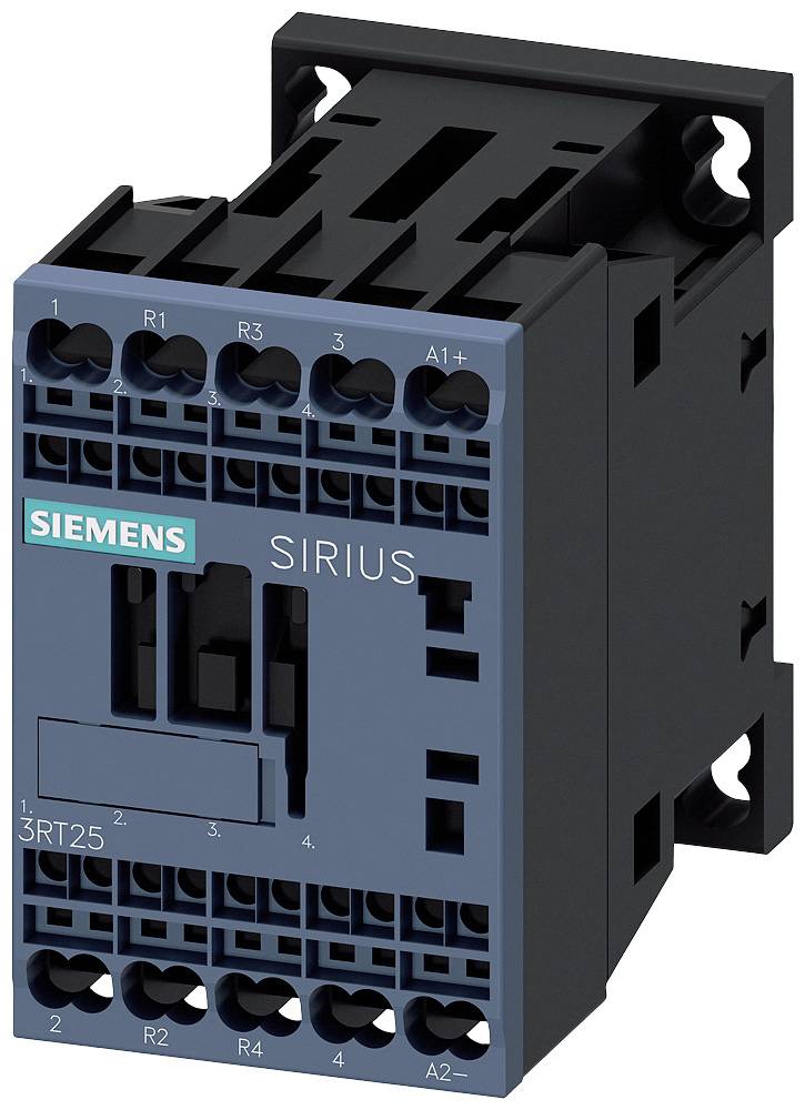Ein schwarzer und dunkelgrauer Siemens SIRIUS Schützschalter mit Anschlussklemmen, Modell 3RT25, für Elektroinstallationen.
