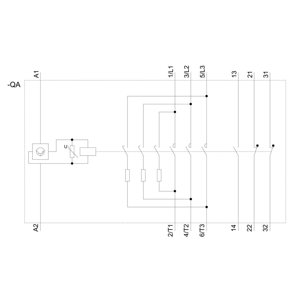 Schematic diagramm für ein dreiadriges Schütz: A1, A2, 1/L1, 3/L2, 5/L3, 14, 24/12T1, 6/12T2, 13, 21, 22, 31, 32 Verbindungen.