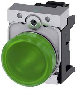 Grüner LED-Druckknopf mit schimmerndem Gehäuse, montiert auf schwarzer Halterung, geeignet für Steuerungsanwendungen.