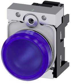 Blauer Druckknopf mit silbernem Gehäuserahmen und schwarzer Halterung, vermutlich Teil eines Schalters oder Bedienfeldes.
