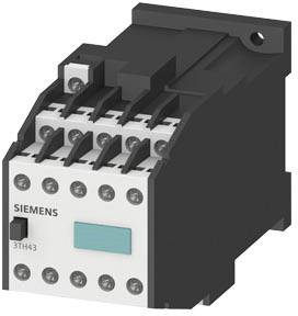Ein schwarzer und weißer elektrischer Schütz von Siemens mit der Modellnummer '3TH43' kennzeichnet das Bild.