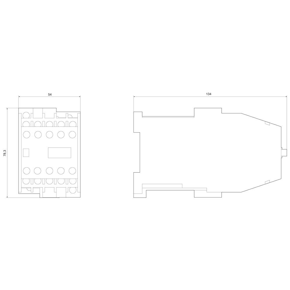 Technische Zeichnung eines elektronischen Bauteils mit Abmessungen: Breite 54 mm, Höhe 73 mm, Länge 134 mm, Draufsicht und Seitenansicht.