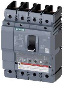 Ein grauer Leistungsschalter der Marke Siemens mit mehreren Schaltklemmen und einem Hebel in der Mitte. Sicherheits- und Warnhinweise sind sichtbar.