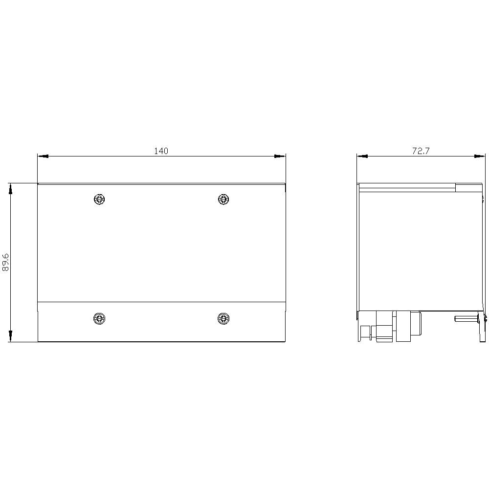 Technische Zeichnung eines rechteckigen Geräts mit Maßen: Breite 140 mm, Höhe 89,6 mm, Tiefe 72,7 mm. Seiten- und Vorderansicht.