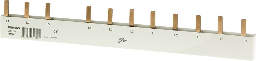 Ein Phasenschienenverteiler mit elf Kupferzinken, gekennzeichnet mit 'L1' und 'L2'. Produkt von Siemens, Modellnummer erkennbar.