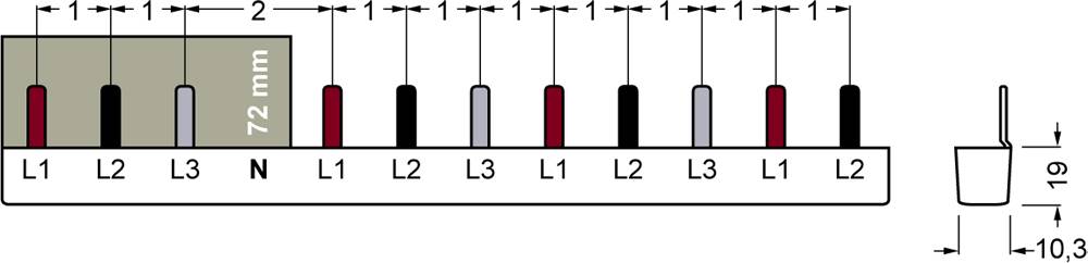 Diagramm zeigt 13 vertikale Kabelverbindungen von L1, L2, L3 und N. Gesamtbreite 72 mm, Höhe 19 mm, Abstand zwischen Verbindungen 2 mm.