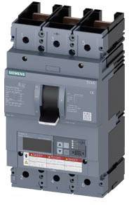 Ein dreipoliger Schutzschalter von Siemens, grau, mit Schalterhebel in der Mitte und technischen Informationen auf der Vorderseite.