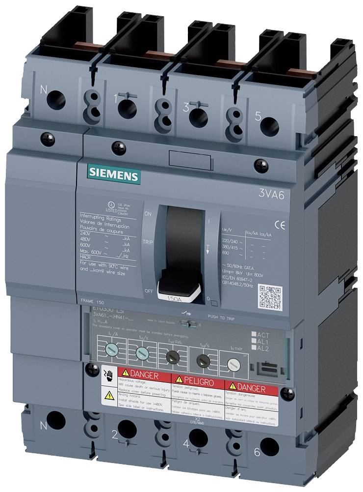 Elektrischer Leistungsschalter, Marke Siemens, Modell 3VA6, mit Schutzschaltern und Warnhinweisen auf der Vorderseite.