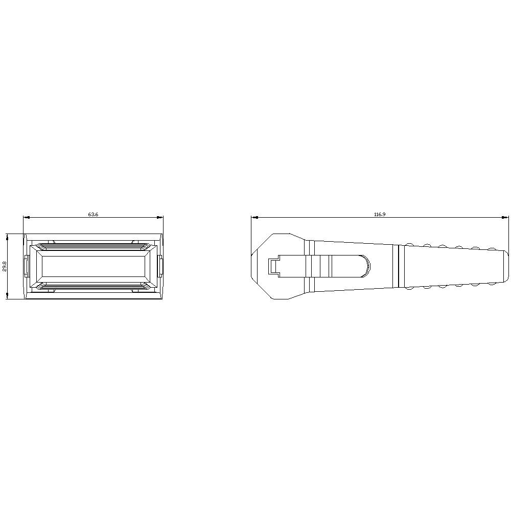 Technische Zeichnung eines rechteckigen Bauteils. Ober- und Seitenansicht mit Abmessungen: Breite 63,6 mm, Länge 166,9 mm.