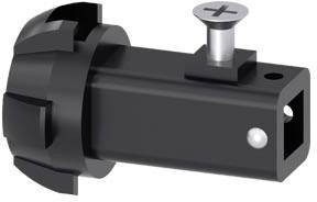 Ein schwarzes Kunststoffteil mit einem Kreuzschlitzschraubenkopf oben, seitlichem Loch und geriffeltem Rand; verwendet für Verbindungssysteme.