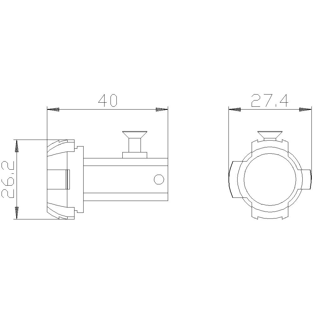 Technische Zeichnung einer Maschinenkomponente, zwei Ansichten. Maße: 40 mm Länge, 26,2 mm Höhe, 27,4 mm Breite.