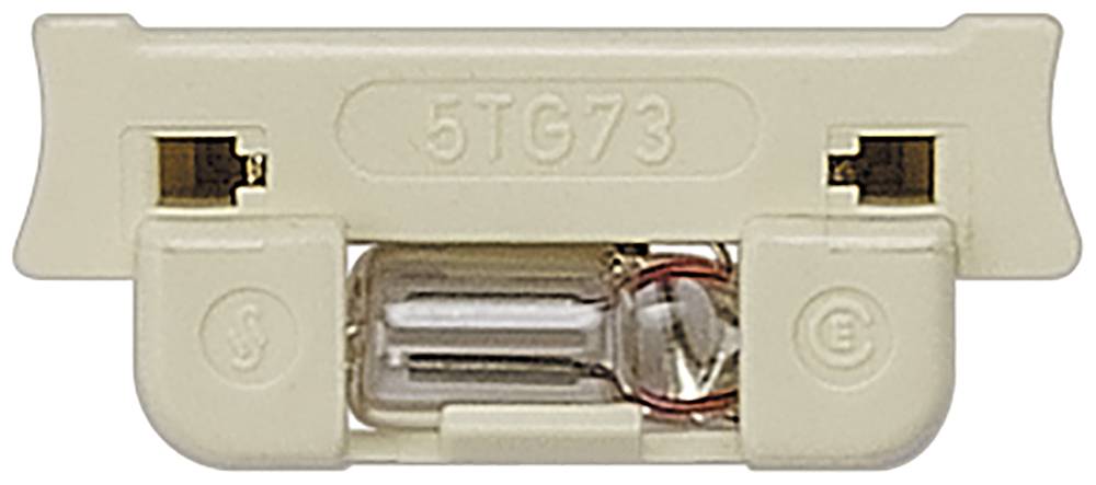 Glühlampe in weißem Halter, gekennzeichnet mit 5TG73, E- und S-Symbolen auf beiden Seiten.