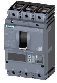 Leistungsschalter von Siemens, Modell 3VA2, mit drei Phasenanschlüssen oben und Bedienelementen vorne. Geeignet für industrielle Anwendungen.