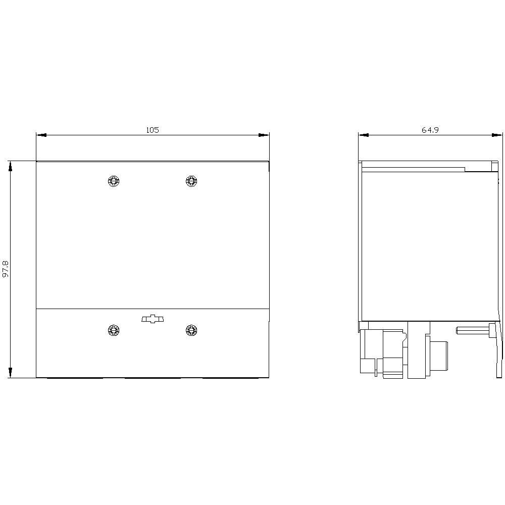 Technische Zeichnung eines rechteckigen Objekts mit Abmessungen 105mm x 97,6mm in Vorderansicht und 64,9mm in Seitenansicht.