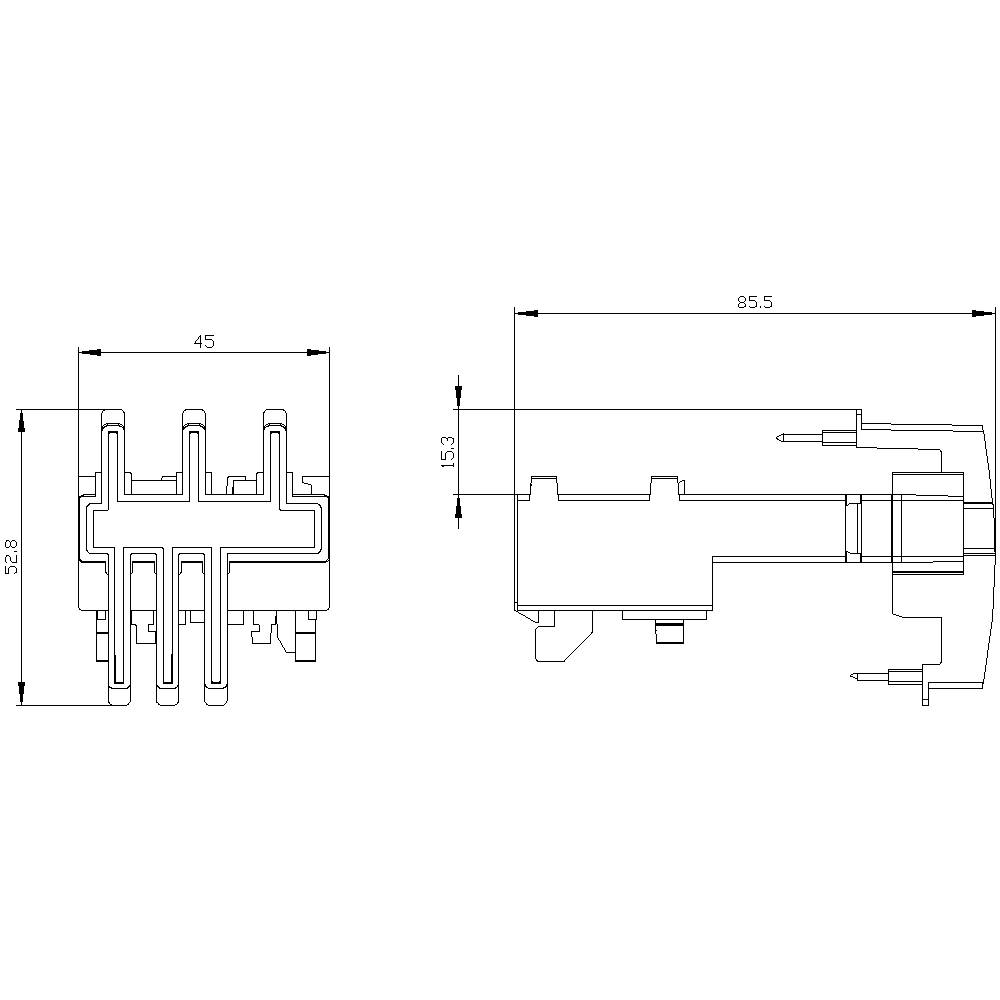 Technische Zeichnung eines Steckers mit Abmessungen: Breite 45 mm, Länge 85,5 mm, Höhe 15,3 mm.