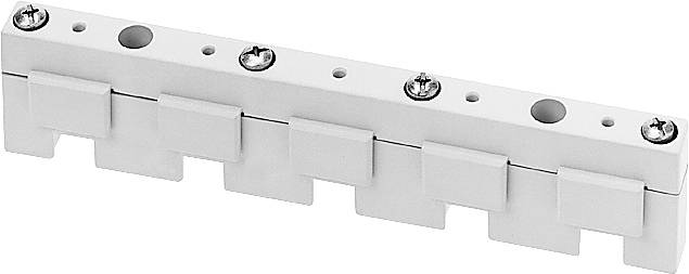 Eine weiße, rechteckige Befestigungsschiene mit Schrauben und mehreren ausklappbaren Clips.