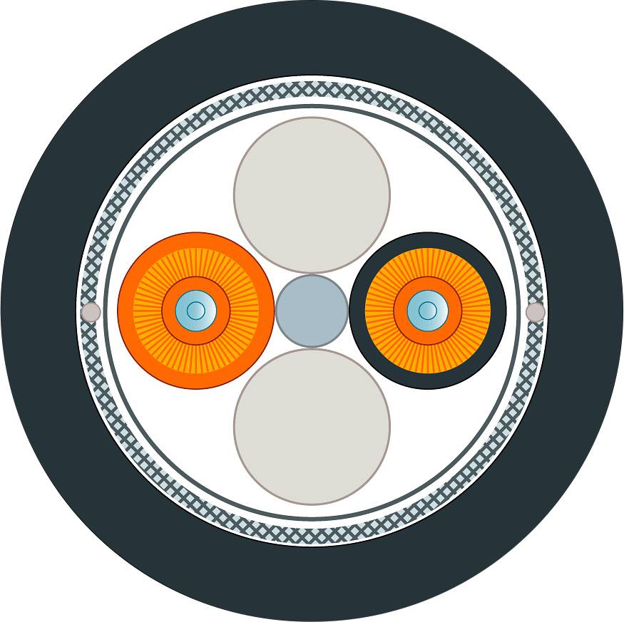 Querschnitt eines Kabels mit drei Hauptleitungen, zwei in Orange, eine in Schwarz, umgeben von einer Schutzschicht.