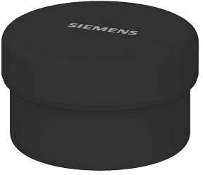 Eine runde, schwarze Dose mit dem Aufdruck 'Siemens' auf dem Deckel.
