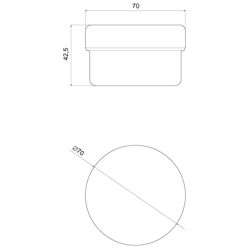 Technische Zeichnung eines zylindrischen Behälters mit den Maßen: Höhe 42,5 mm, Durchmesser 70 mm. Ansicht von oben und seitlich.