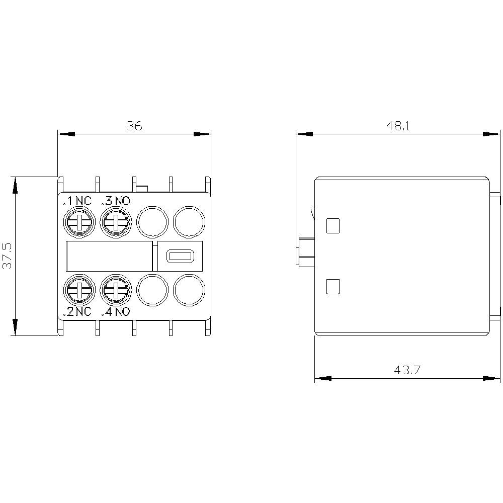 Technische Zeichnung eines elektrischen Relais mit Gehäusemaßen: 36x37,5 mm Frontansicht, 48,1x43,7 mm Seitenansicht. Zeigt Anschlusskonfiguration.