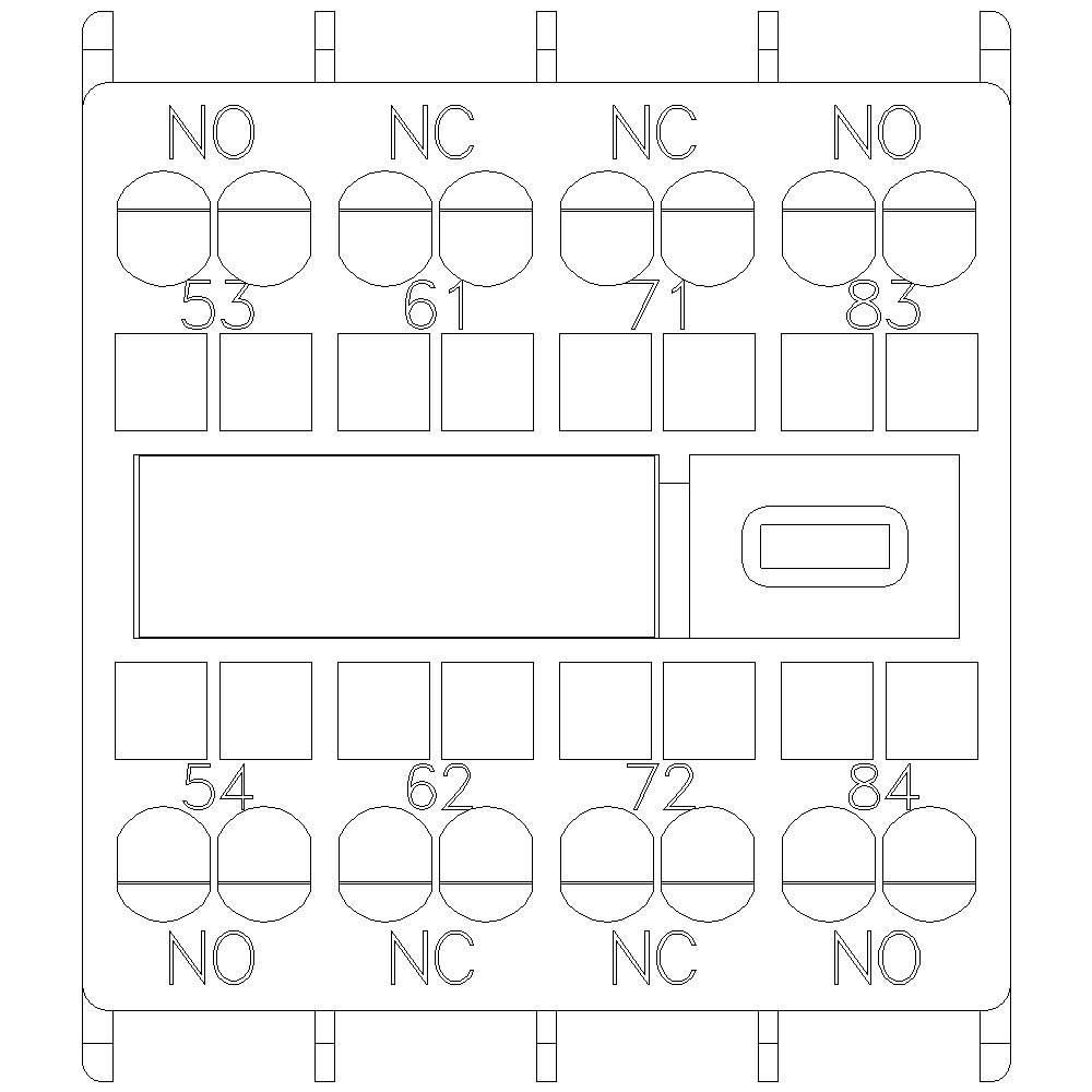 Zeichnung eines elektrischen Schaltplans mit den Beschriftungen NO, NC und numerischen Verbindungen 53, 54, 61, 62, 71, 72, 83, 84.